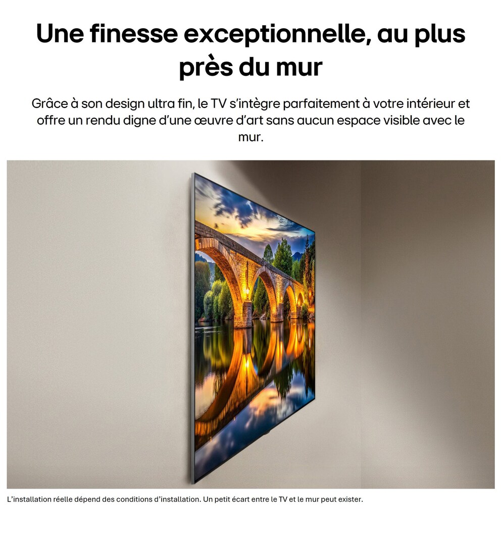 La LG OLED evo AI G6, présentée de côté, met en valeur son design Flush Fit Gallery avec une fixation murale sans écart, affichant une scène nocturne d’un pont éclairé avec des reflets sur l’eau.